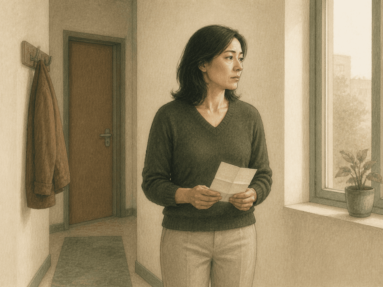 An adult stands with a folded note after a difficult interaction, holding a feeling that is hard to move through.