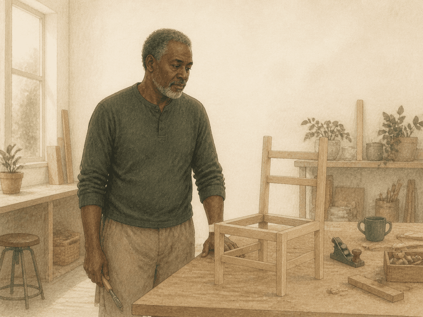 An adult studies a partly assembled chair at a workshop, uncertain that he can finish it.