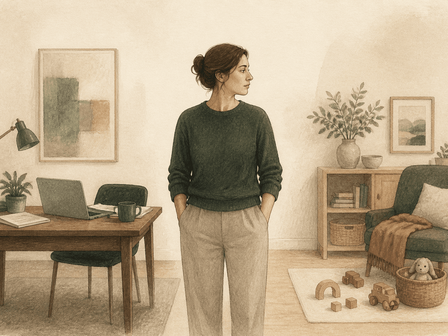 An adult pauses between a workspace and a family space, considering two legitimate demands.