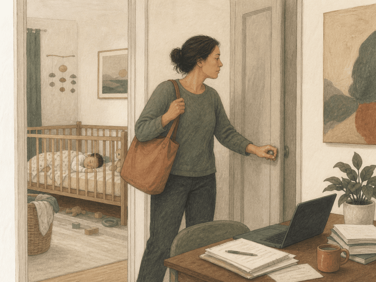 An adult stands between caregiving responsibilities and unfinished work, facing a genuine external constraint.