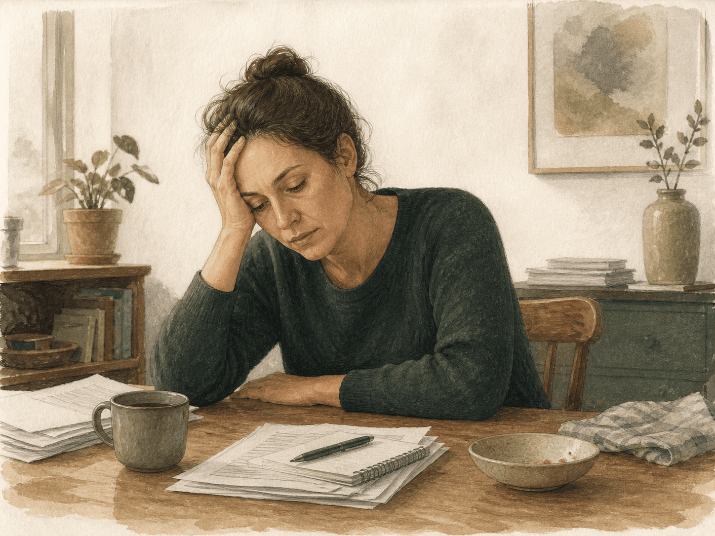 A depleted adult rests her head in her hand at a table after sustained effort.