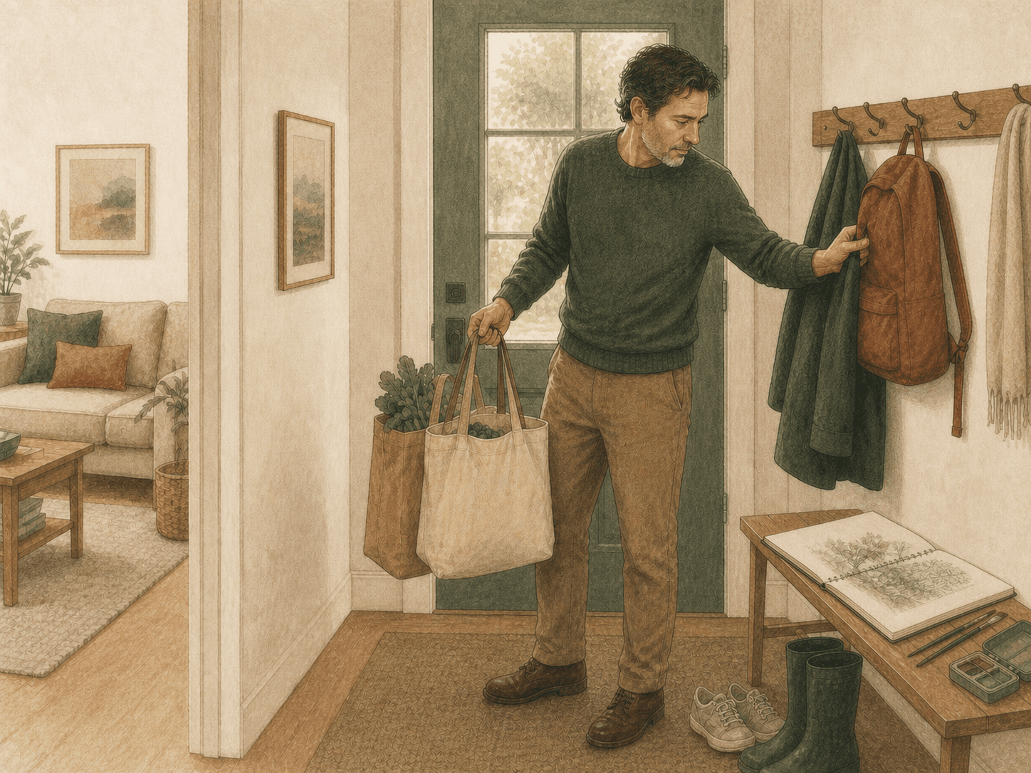 An adult handles immediate household demands while an unfinished personal art project waits nearby.