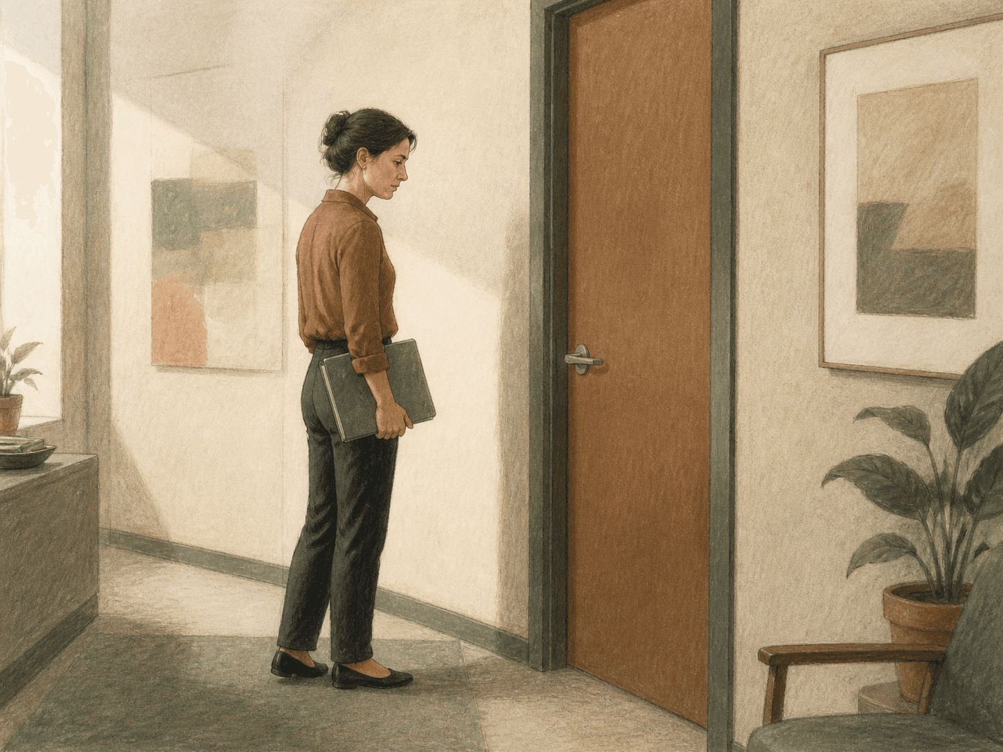An adult with a folder pauses outside a closed office door, anticipating what may happen.