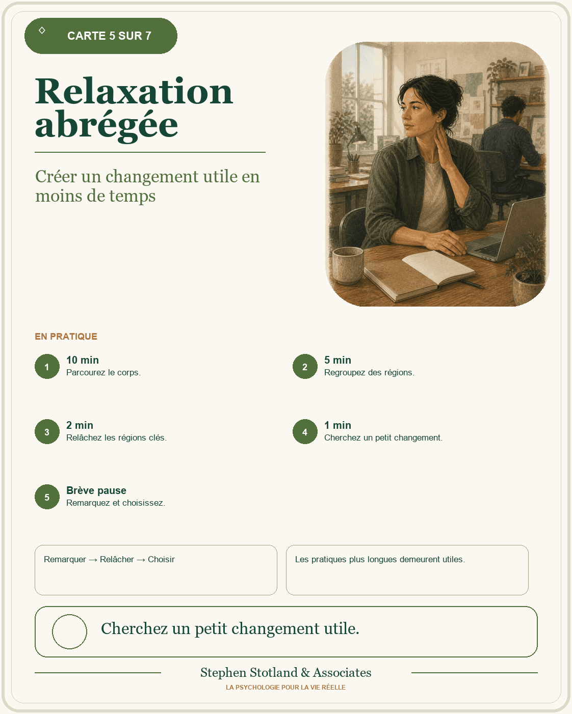 Une femme à un bureau partagé utilise une brève pause pour relâcher la tension.