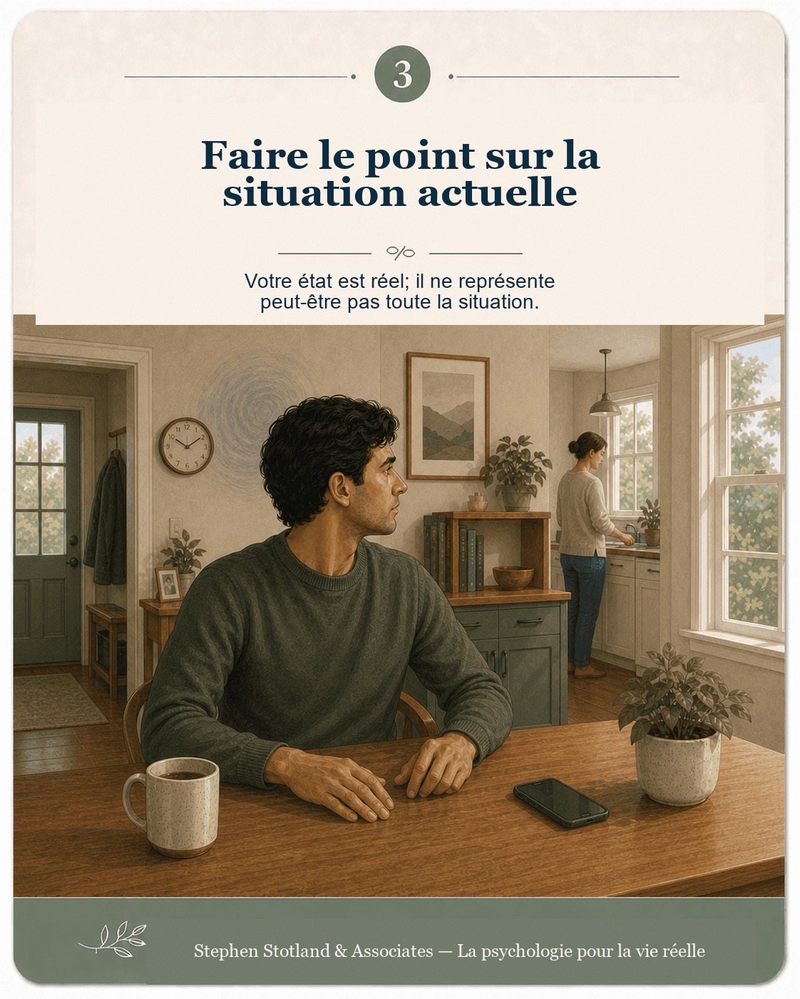 Carte 3, Faire le point sur la situation actuelle. Une personne troublée observe une vue plus large de la pièce et de la situation.