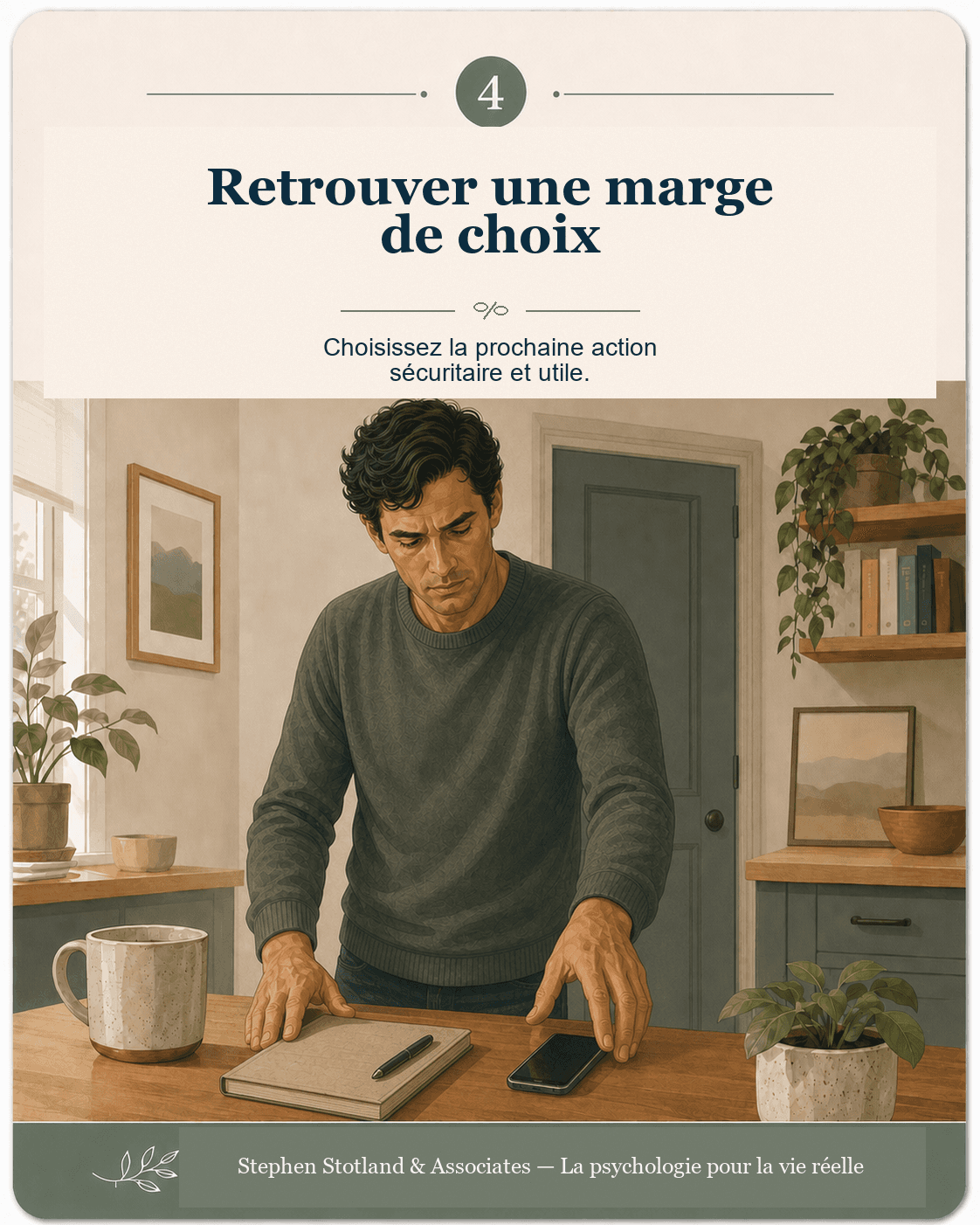 Carte 4, Retrouver une marge de choix. Une personne encore troublée commence délibérément une prochaine étape.