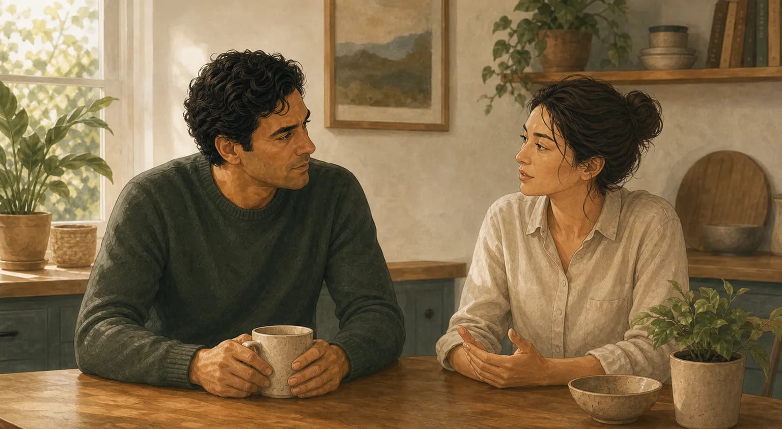 Two people sharing a quiet conversation at a kitchen table, one listening attentively to the other