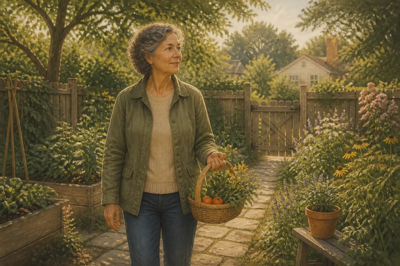 A woman walking through a sunlit garden with a small basket, enjoying an ordinary peaceful moment
