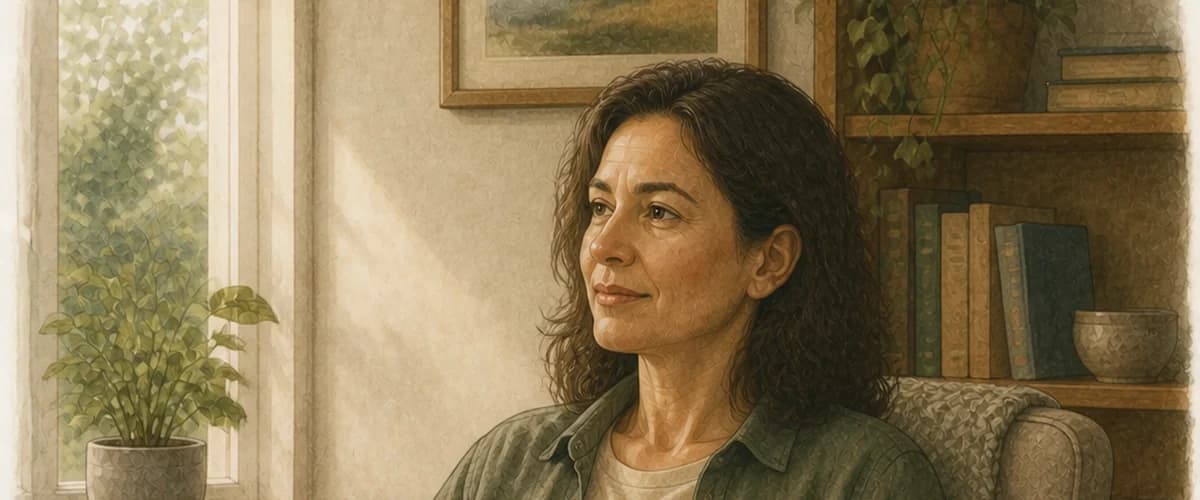 Woman seated calmly in a supportive chair in an ordinary room