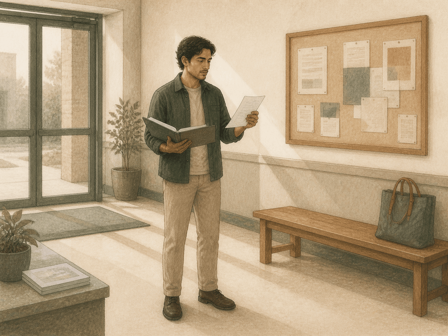 Illustration of a person thoughtfully reviewing information and considering what to do next