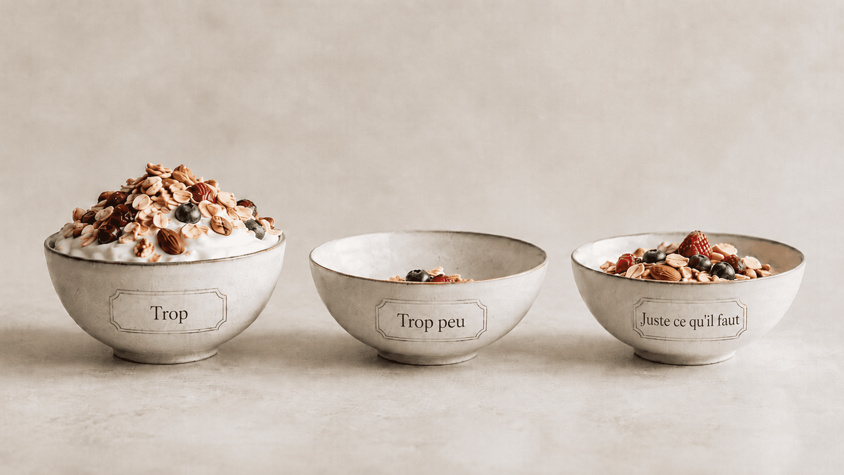 Trois bols en céramique portant les mentions « Trop », « Trop peu » et « Juste ce qu’il faut », avec différentes portions de yogourt, de fruits et d’avoine.
