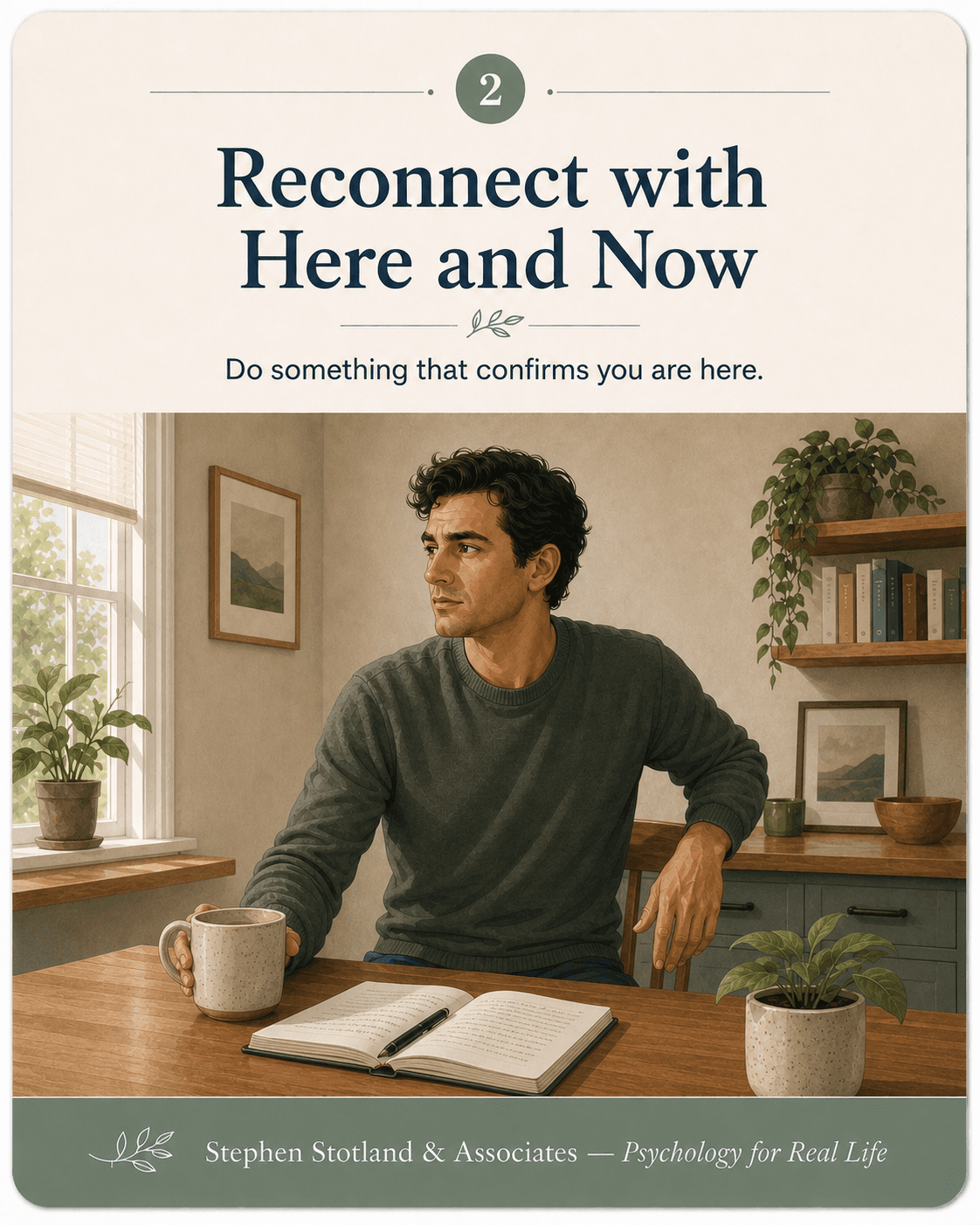 Card 2, Reconnect with Here and Now. Do something that confirms you are here. A person turns toward the room while making deliberate contact with a mug and chair.