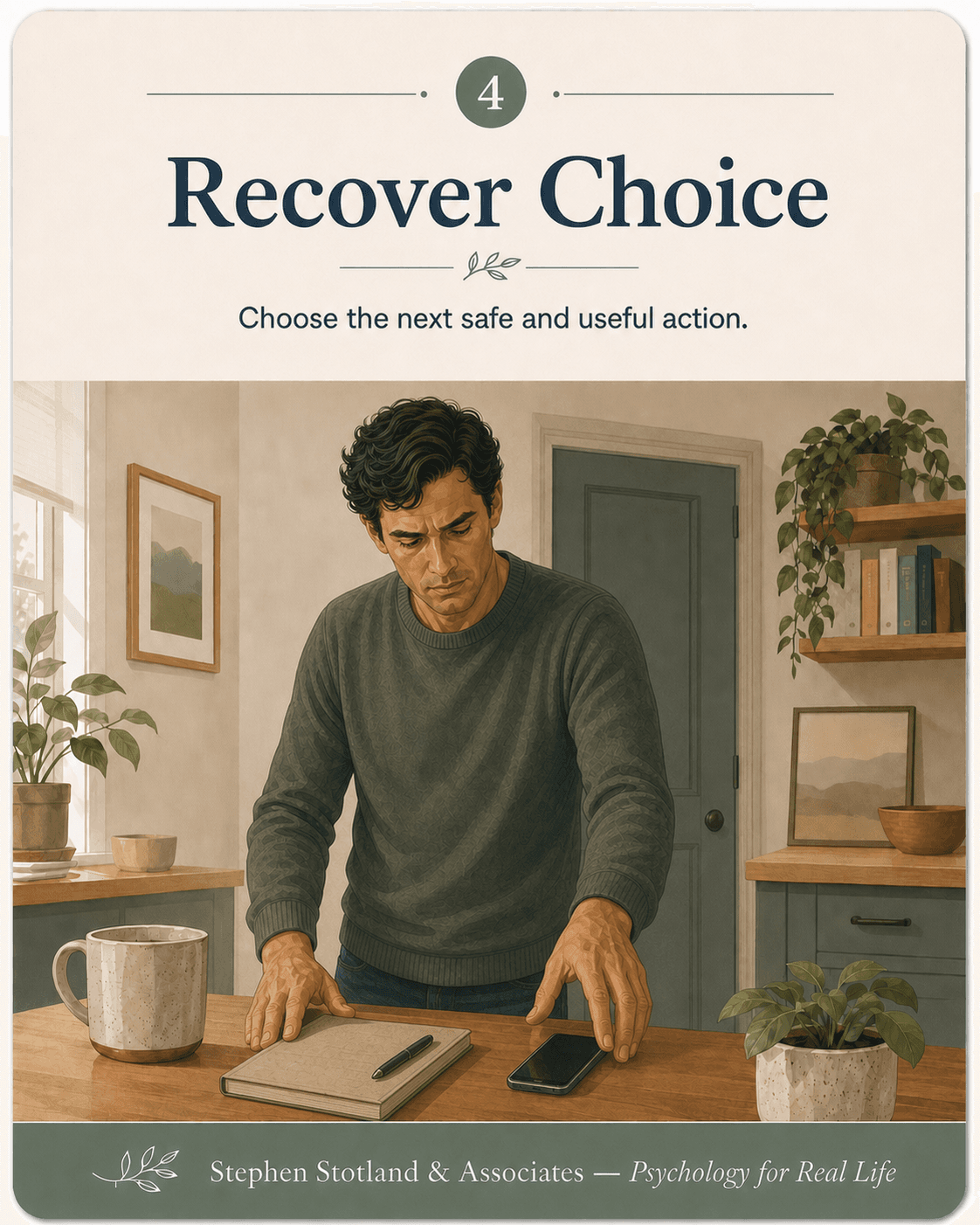Card 4, Recover Choice. Choose the next safe and useful action. An unsettled person begins an intentional next step by closing a notebook and reaching for a phone.
