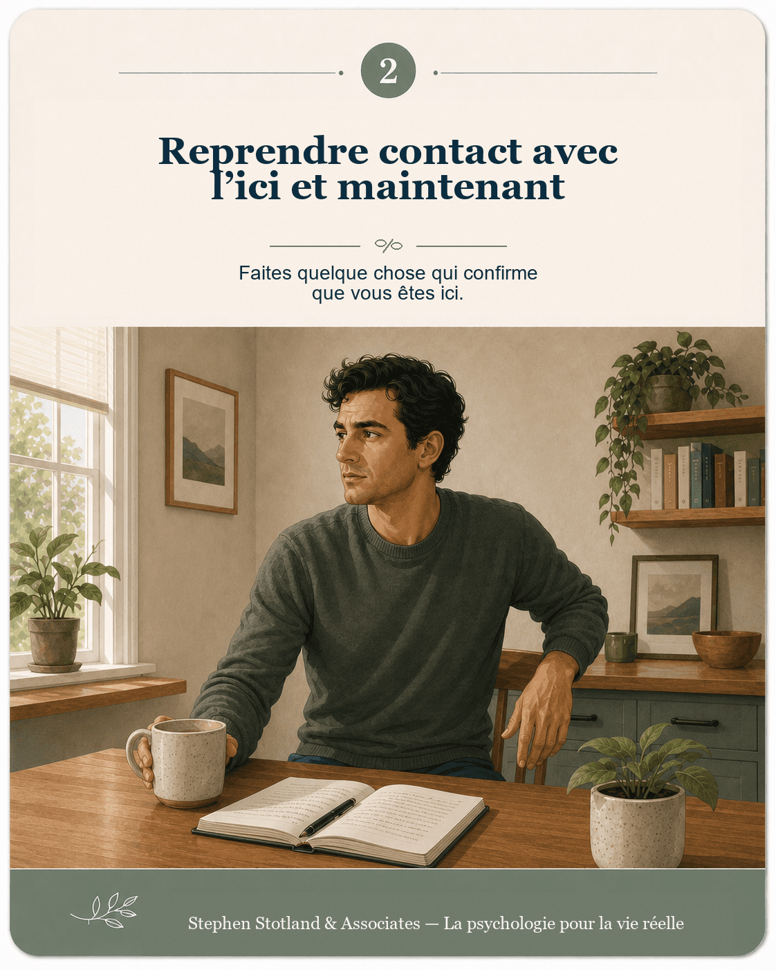Carte 2, Reprendre contact avec l’ici et maintenant. Une personne se tourne vers la pièce et reprend délibérément contact avec une tasse et une chaise.