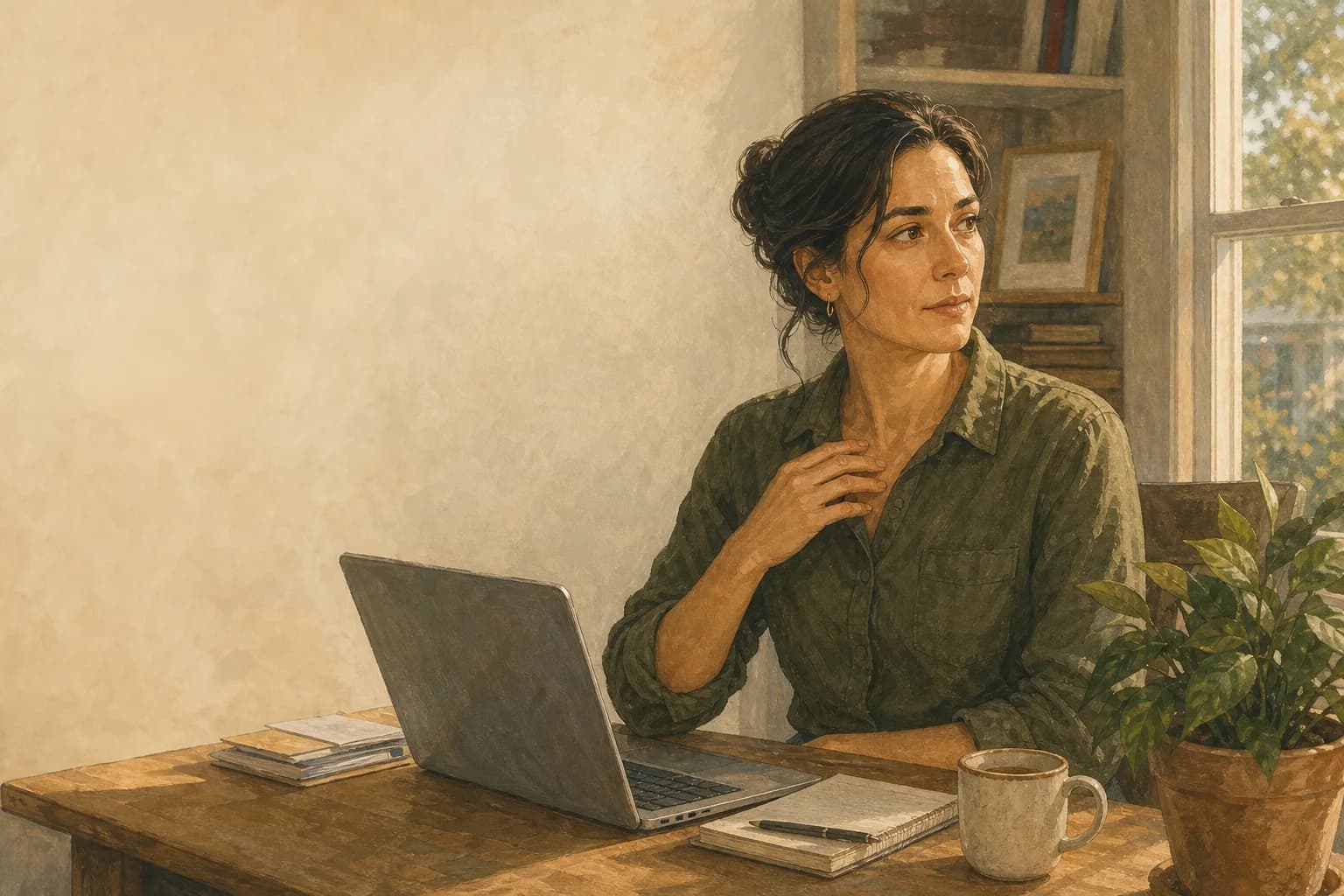 Une personne fait une pause à son bureau avant une tâche ordinaire et observe une réaction intérieure