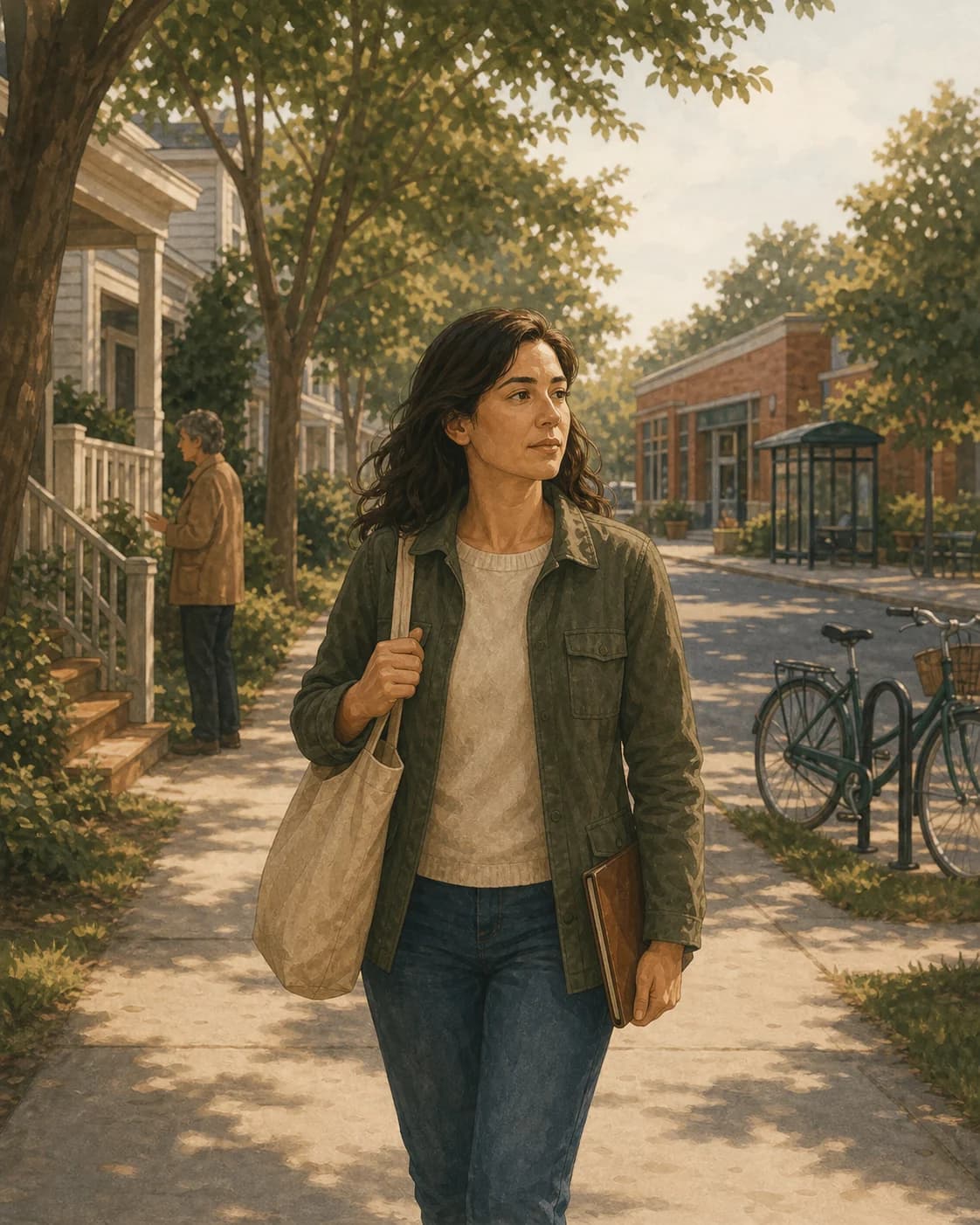A person moving thoughtfully through an ordinary neighborhood with a tote and folder